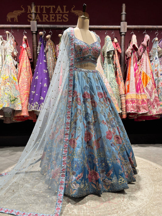 Sky Blue Floral Embroidered Bridal Lehenga Set