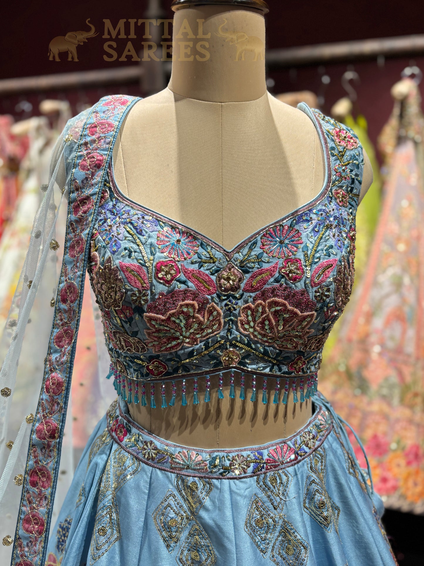 Sky Blue Floral Embroidered Bridal Lehenga Set