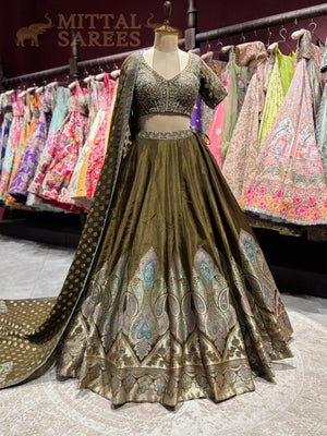Olive Green Zari Embroidered Bridal Lehenga Set