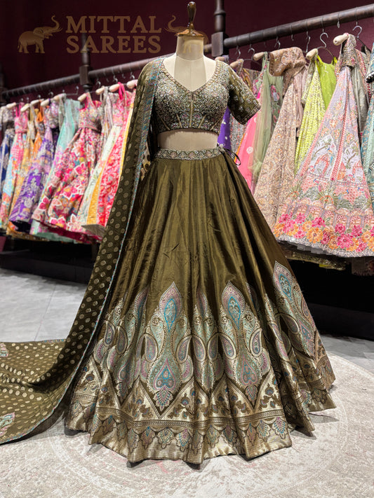 Olive Green Zari Embroidered Bridal Lehenga Set