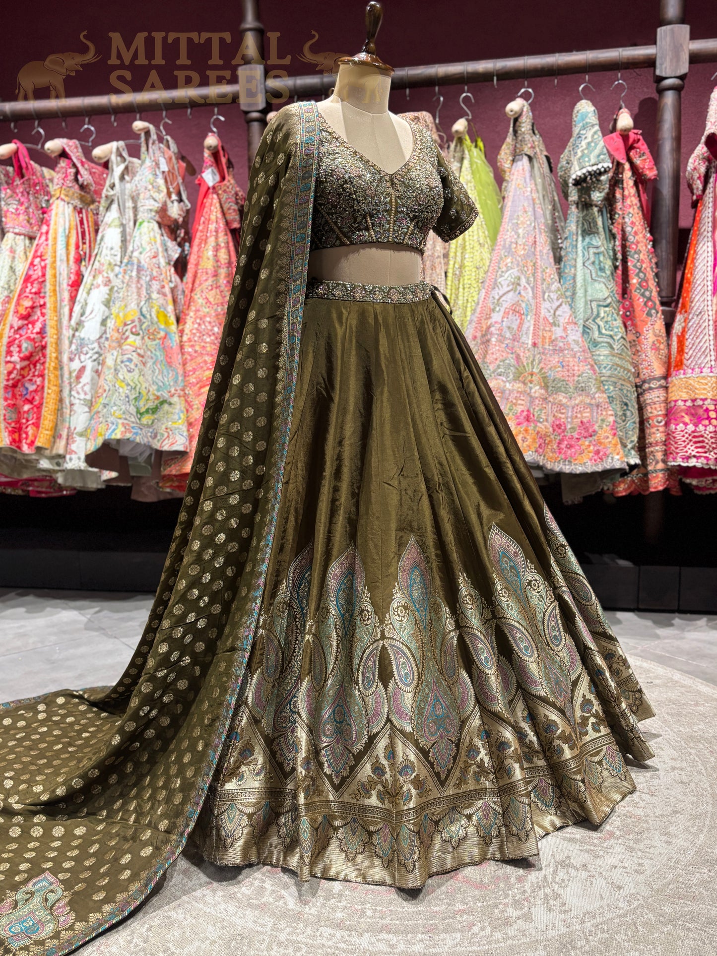 Olive Green Zari Embroidered Bridal Lehenga Set