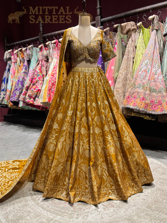 Mustard Gold Zari Woven Bridal Lehenga Set