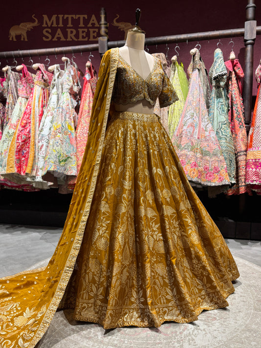 Mustard Gold Zari Woven Bridal Lehenga Set