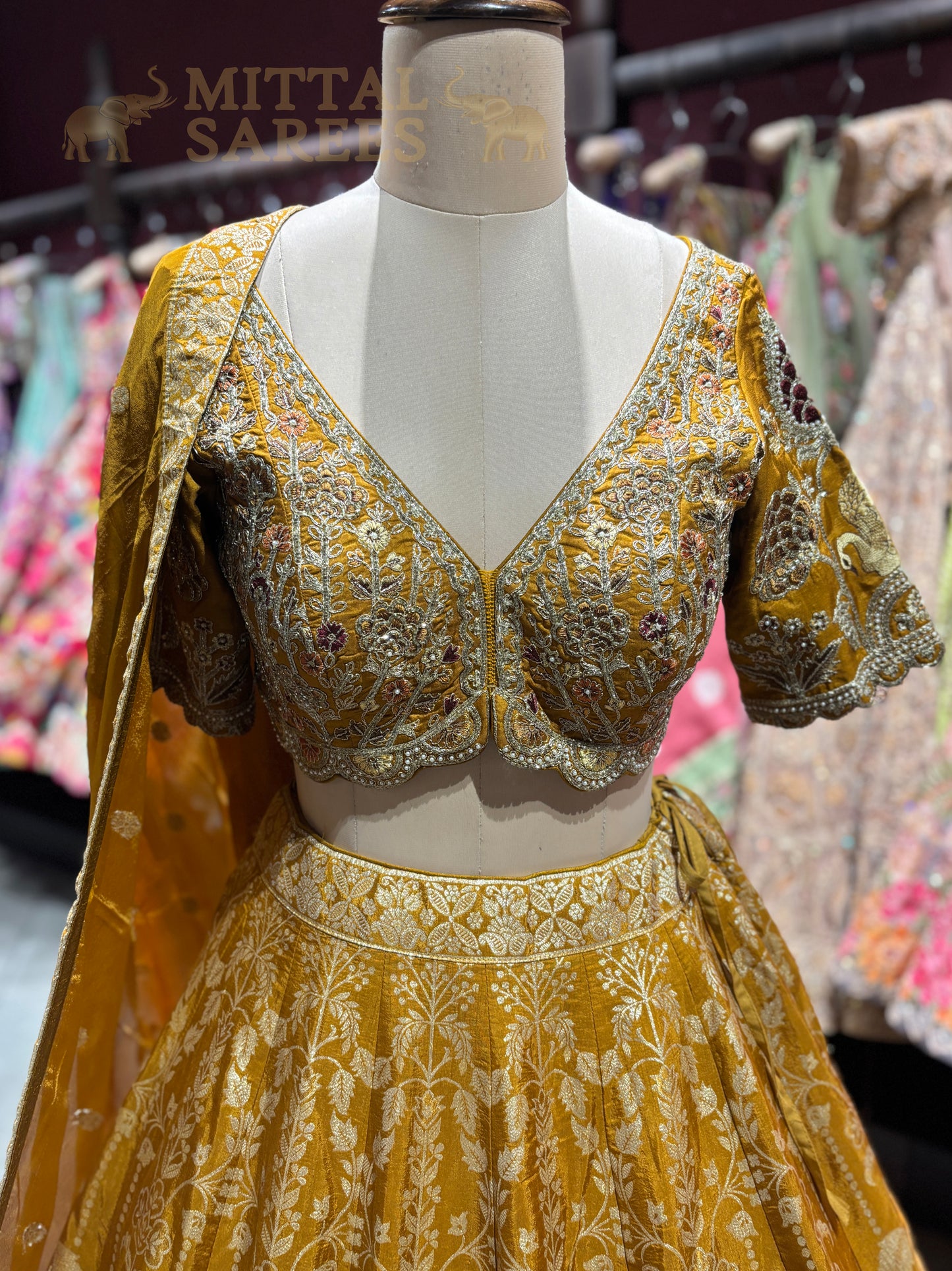 Mustard Gold Zari Woven Bridal Lehenga Set