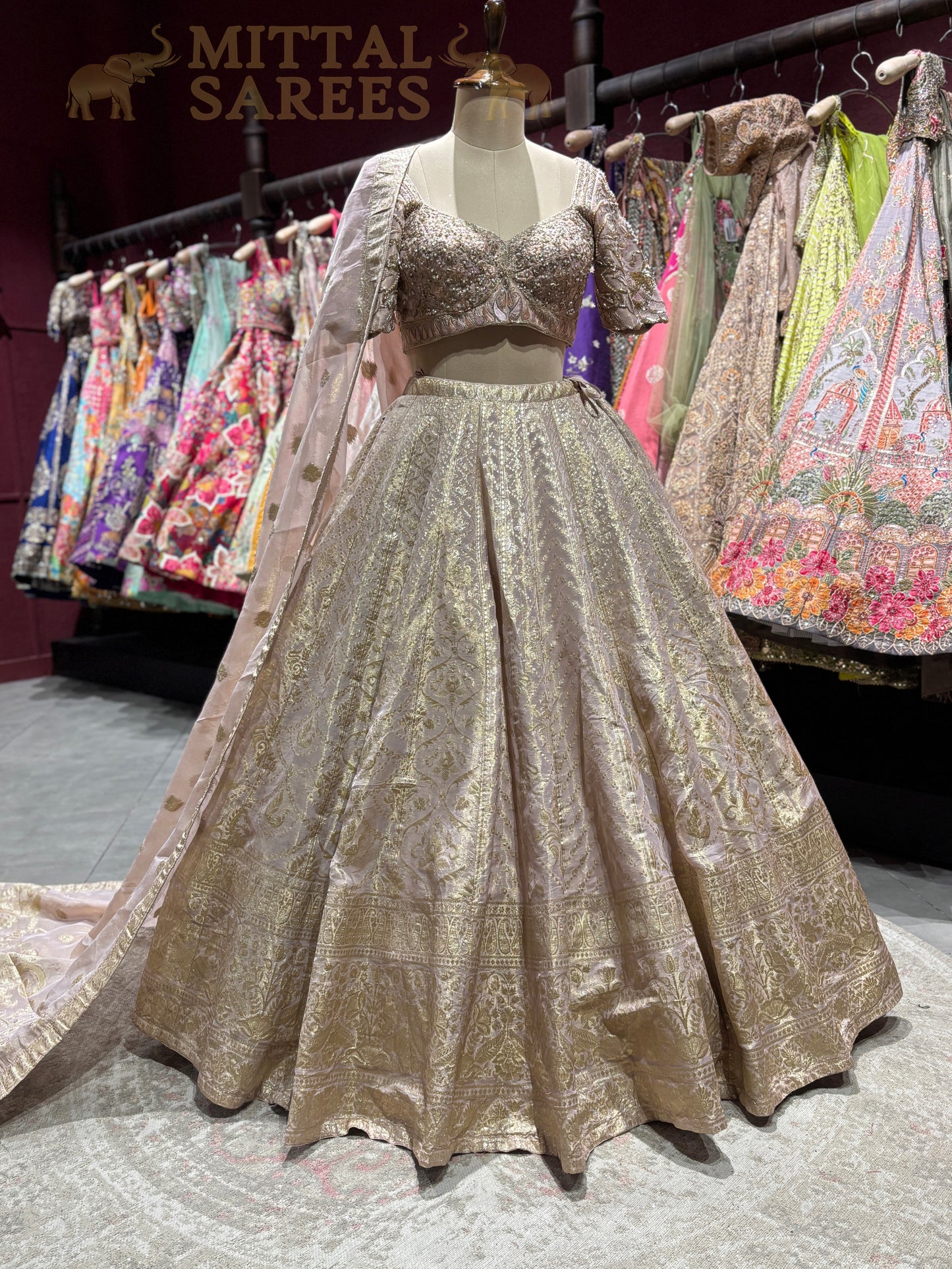 Blush Pink Gold Zari Woven Bridal Lehenga Set