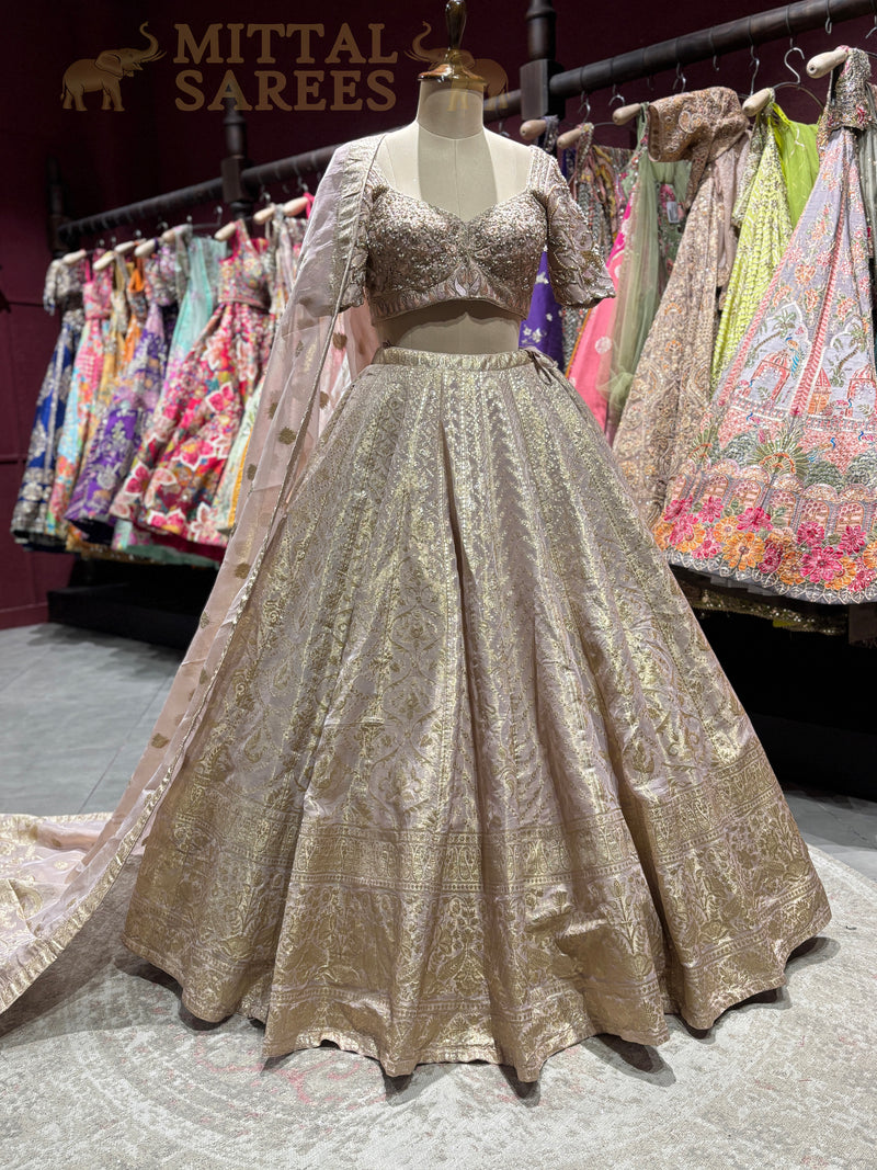 Blush Pink Gold Zari Woven Bridal Lehenga Set