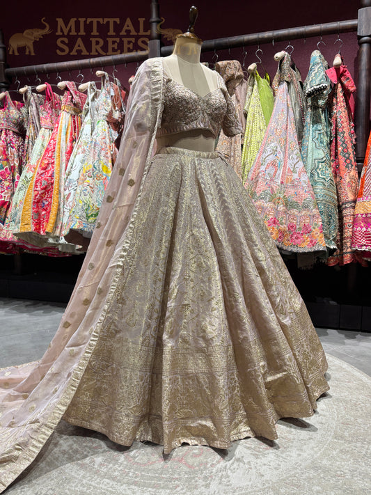 Blush Pink Gold Zari Woven Bridal Lehenga Set
