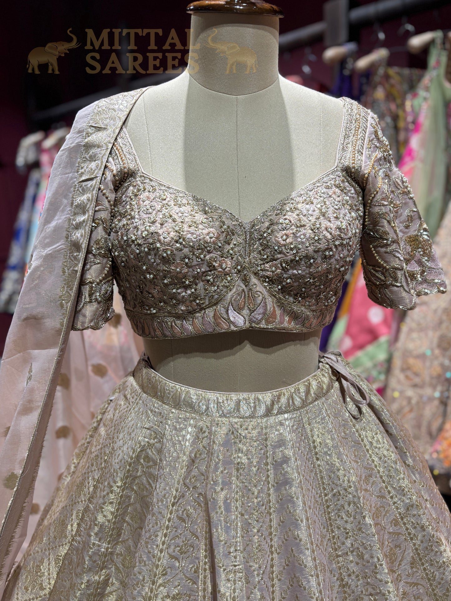 Blush Pink Gold Zari Woven Bridal Lehenga Set