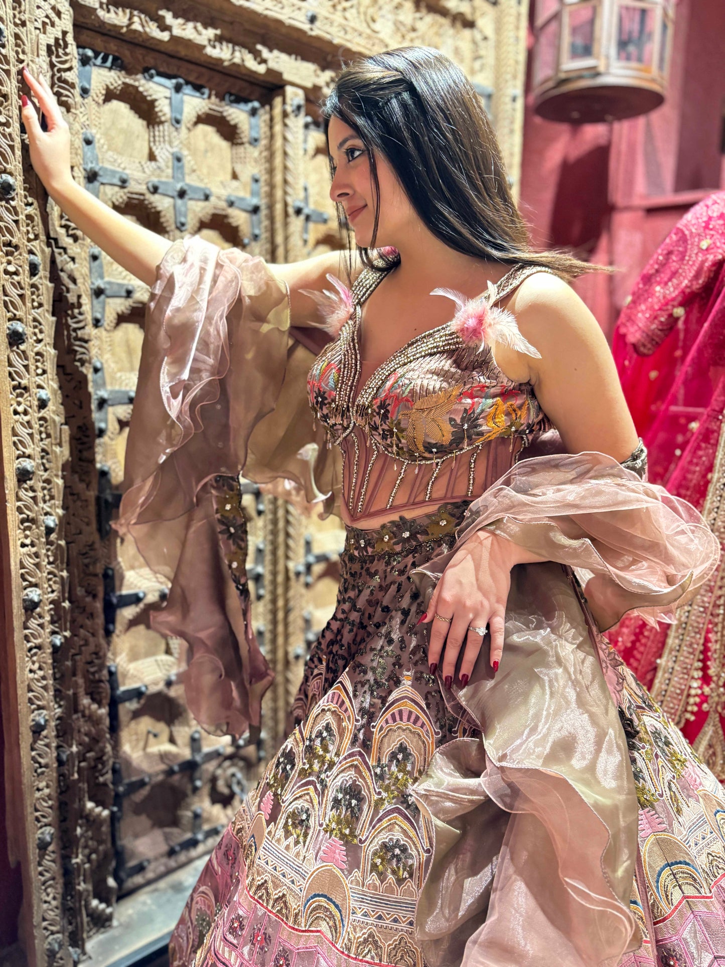 Grand Lehenga in Multicolor with Beaded Blouse & Ruffled Dupatta