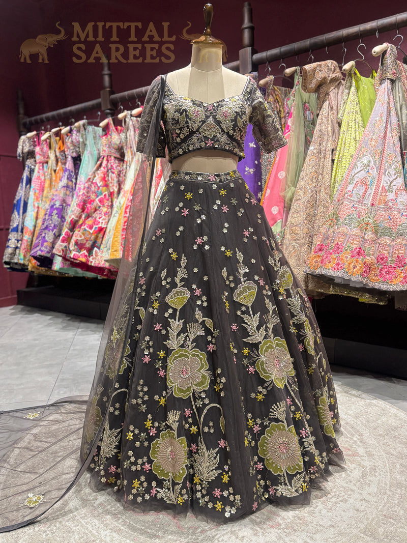 Charcoal Grey Floral Embroidered Lehenga Set