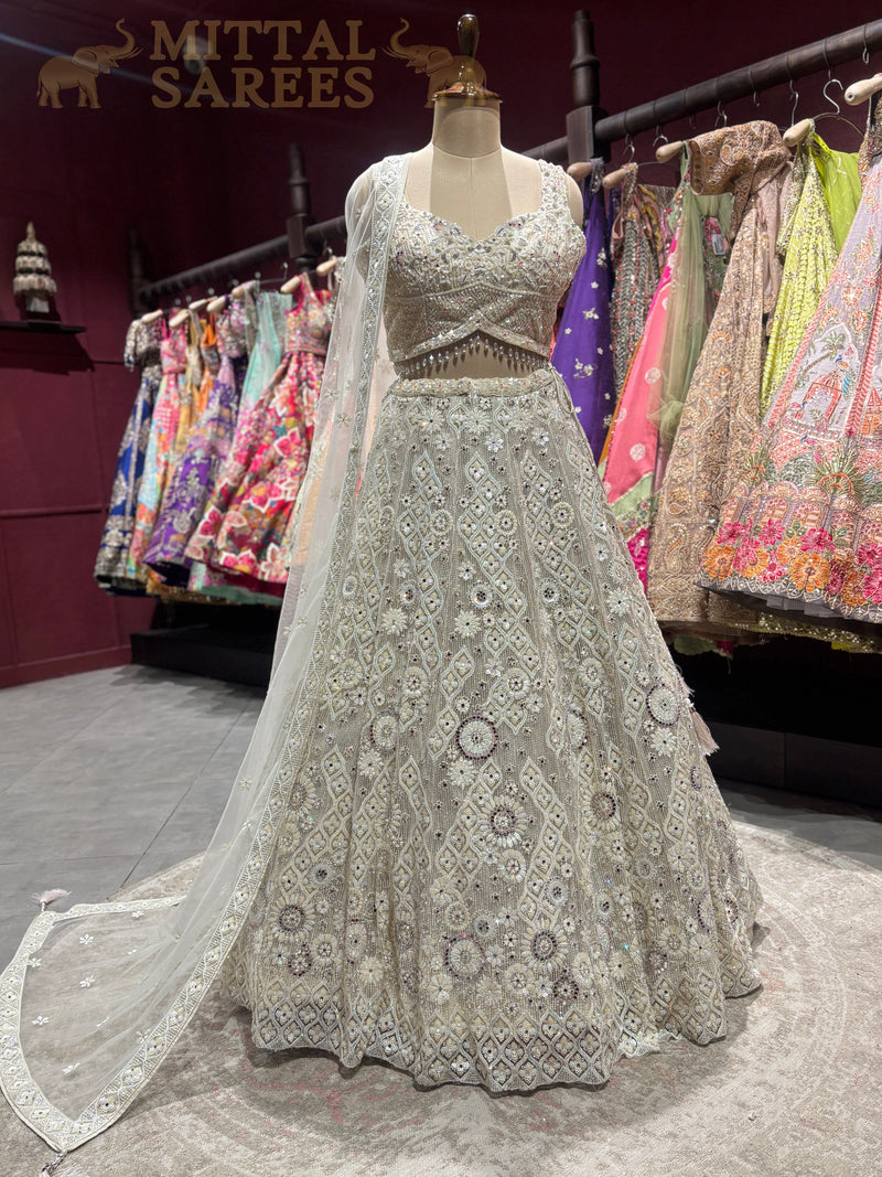 Ivory Silver Heavy Embroidered Bridal Lehenga Set