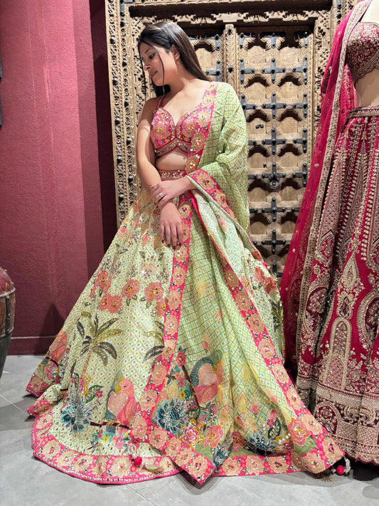 Tropical Bloom Embroidered Lehenga with Palm & Floral Motifs