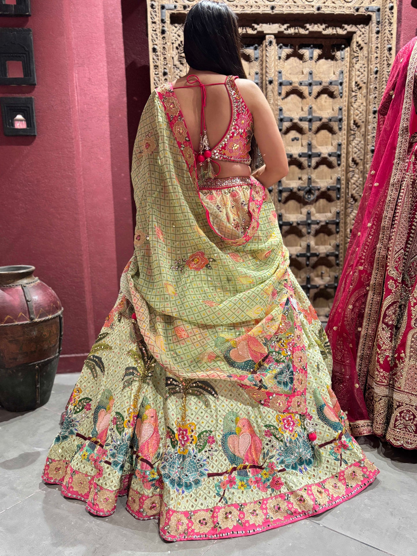 Tropical Bloom Embroidered Lehenga with Palm & Floral Motifs