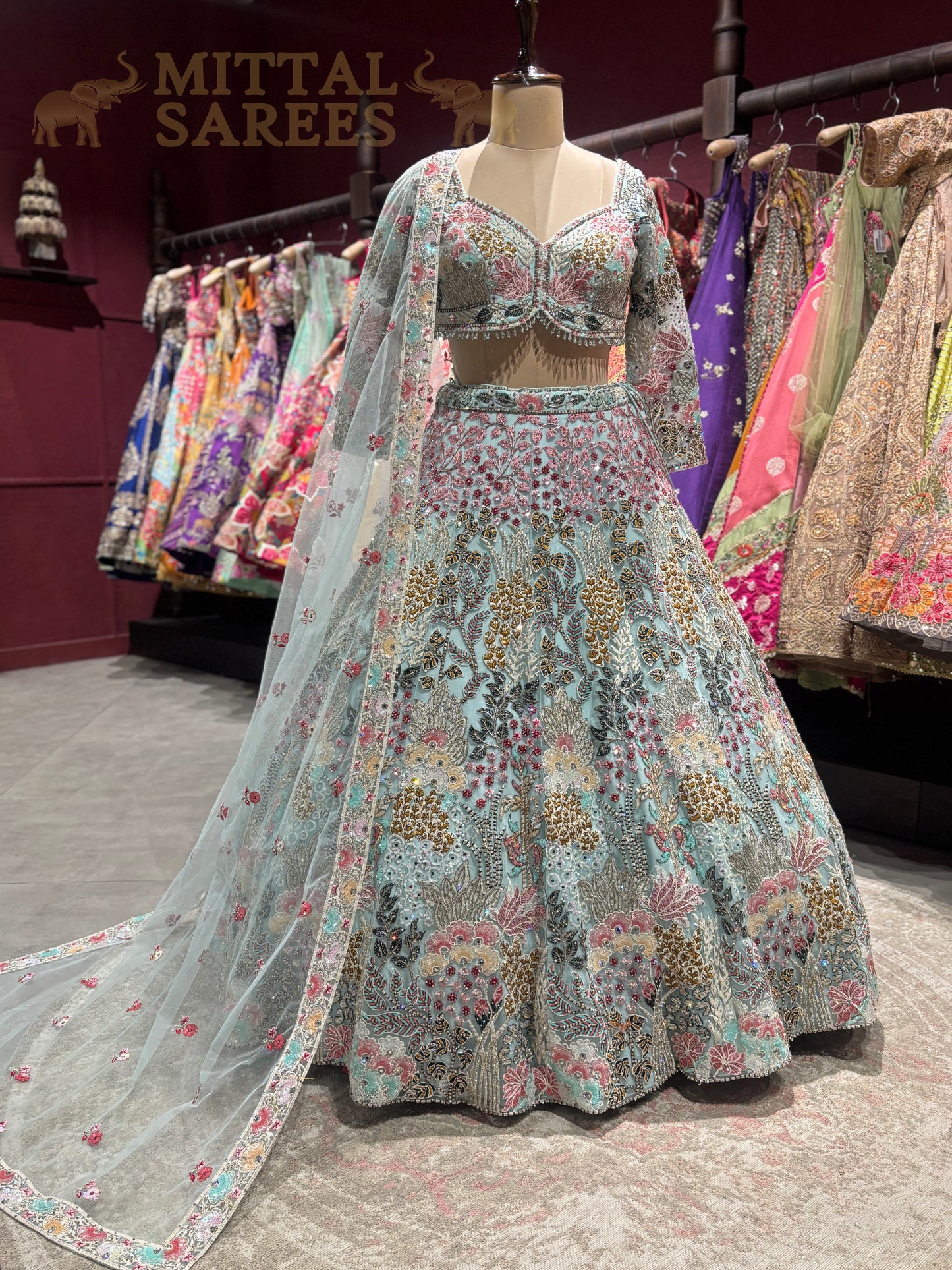 Mint Green Floral Embroidered Bridal Lehenga Set