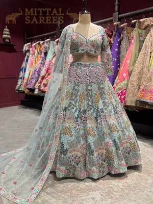 Mint Green Floral Embroidered Bridal Lehenga Set