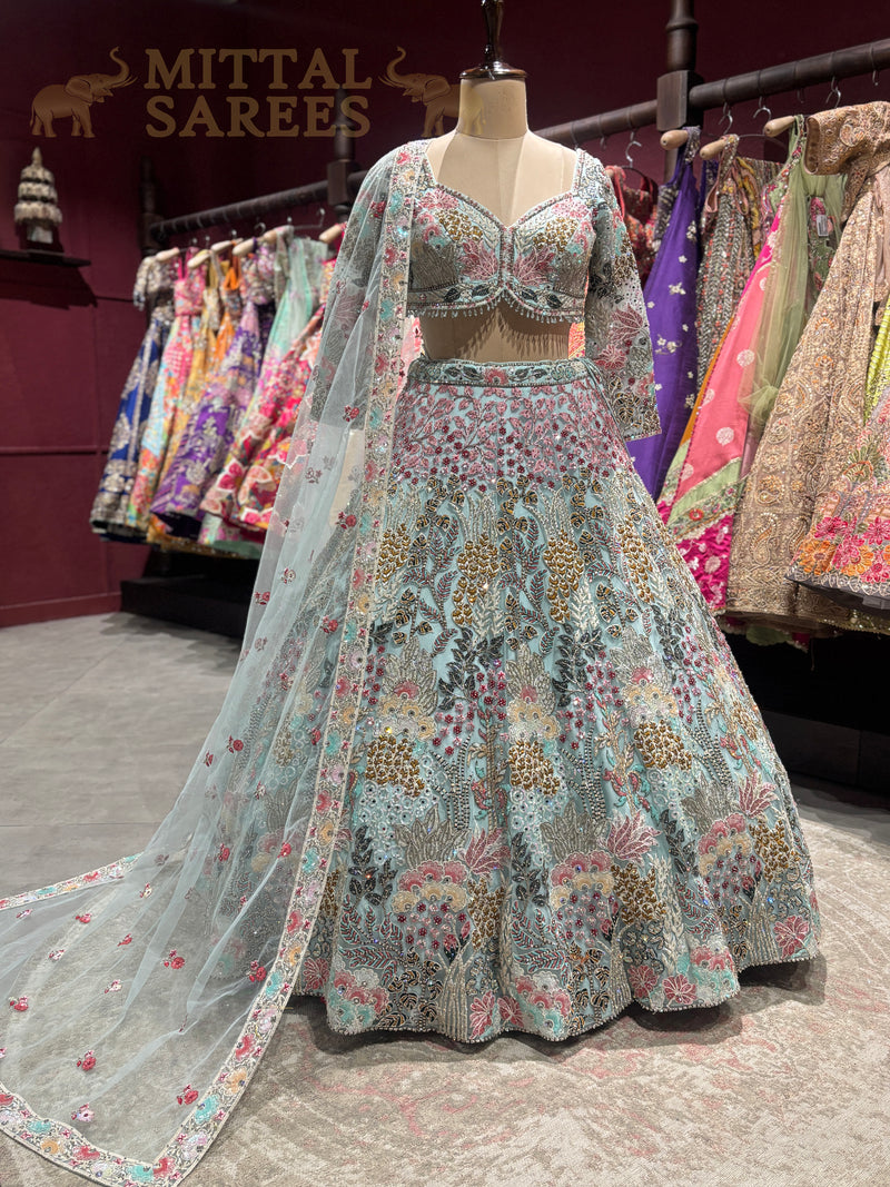 Mint Green Floral Embroidered Bridal Lehenga Set