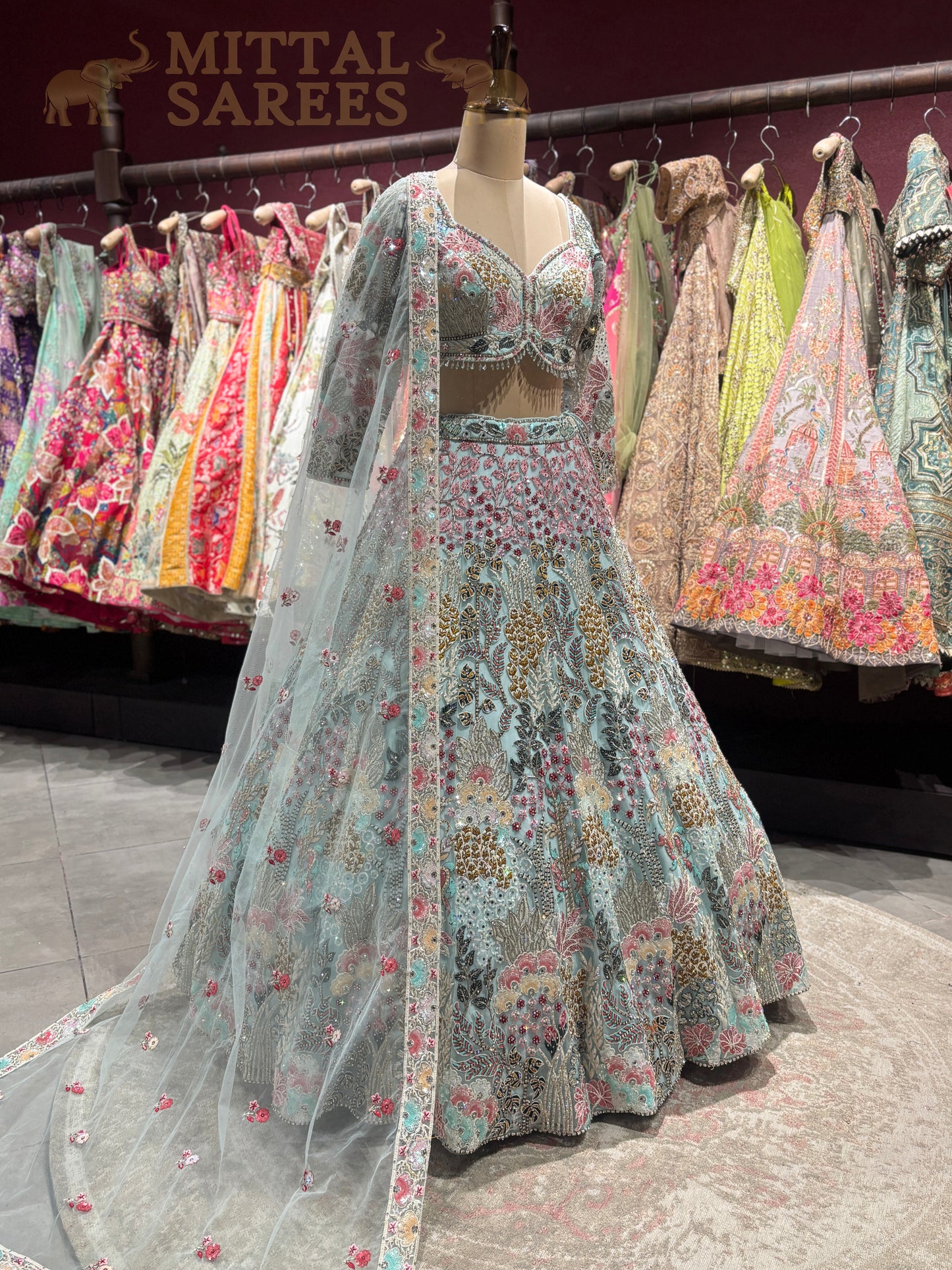 Mint Green Floral Embroidered Bridal Lehenga Set
