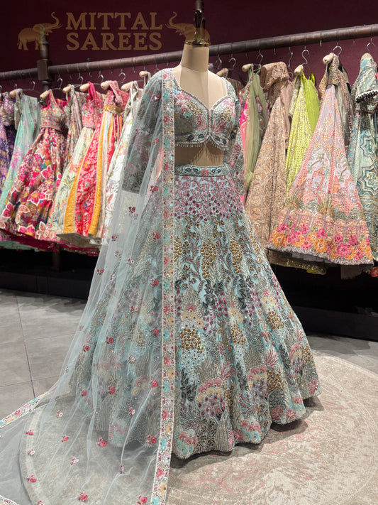 Mint Green Floral Embroidered Bridal Lehenga Set