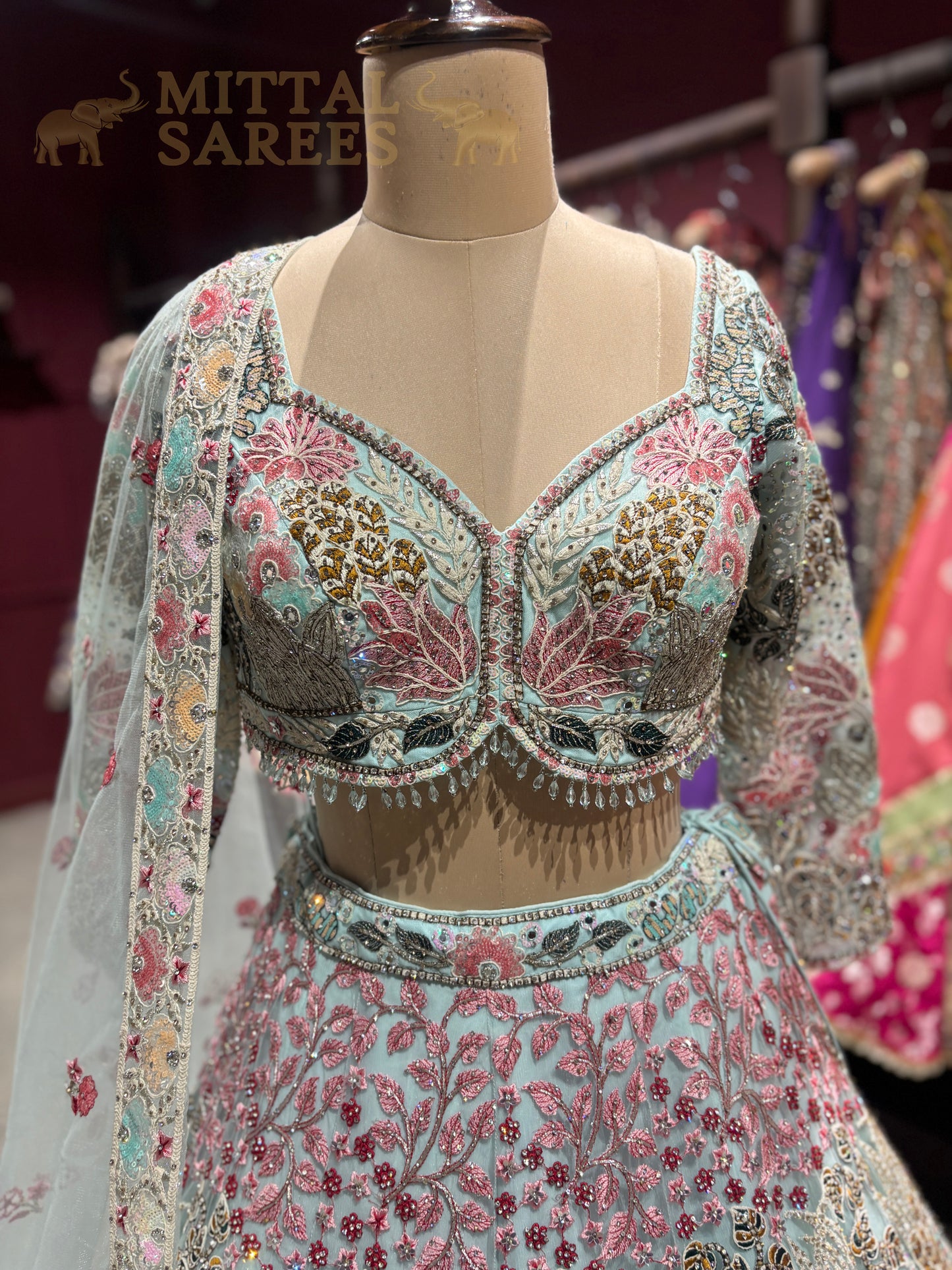 Mint Green Floral Embroidered Bridal Lehenga Set