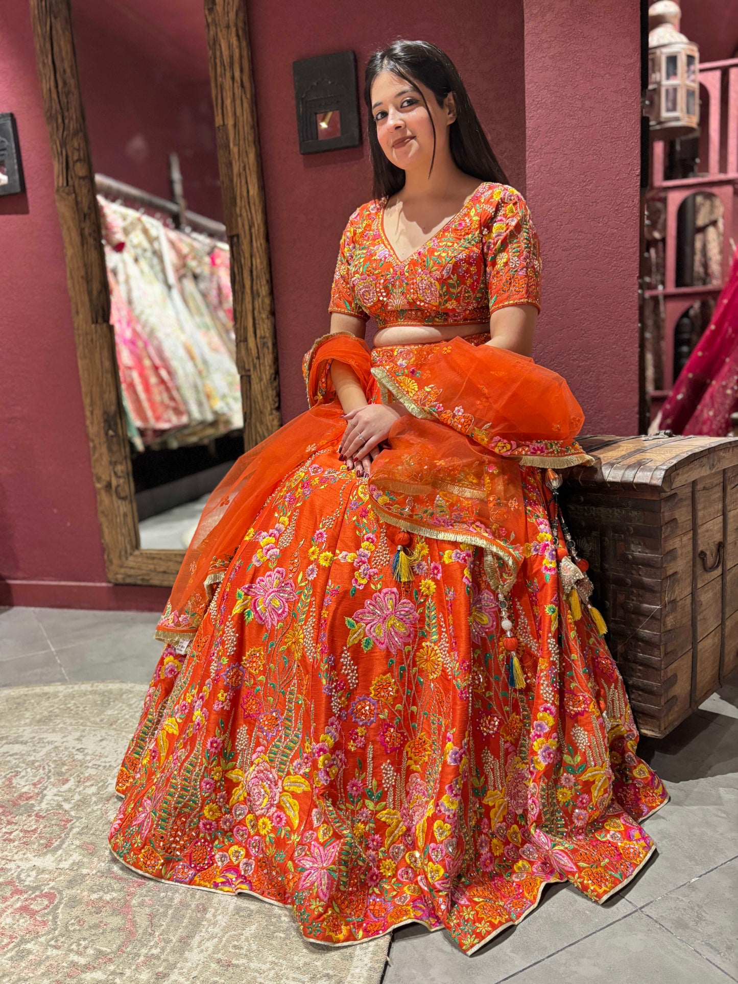 Orange Colour Designer Lehenga with Pearl & Multi Resham Work