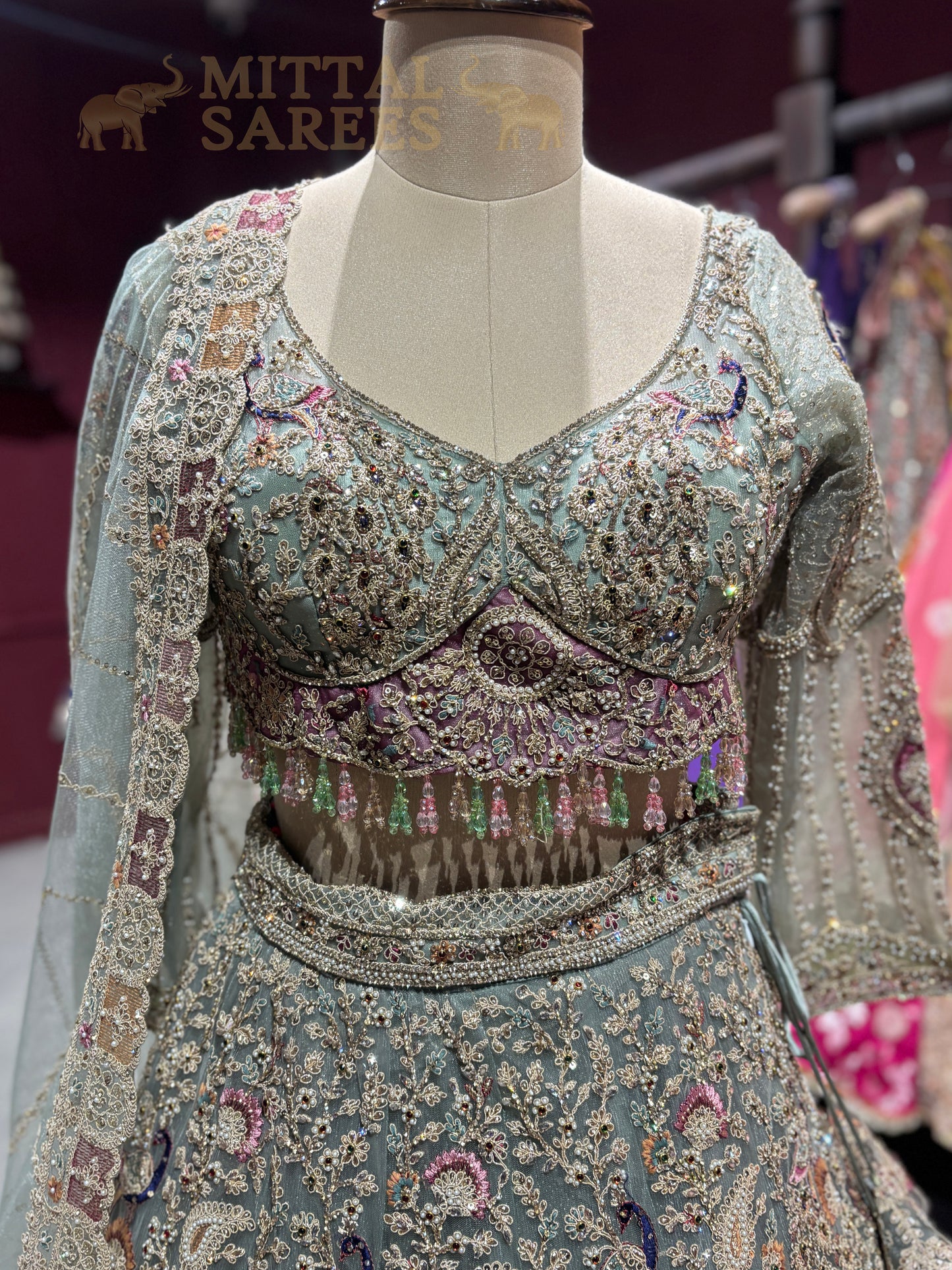 Dusty Sage Heavy Embroidered Bridal Lehenga Set