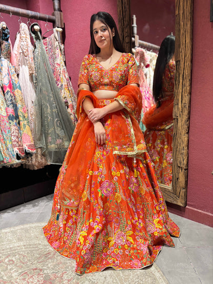 Orange Colour Designer Lehenga with Pearl & Multi Resham Work