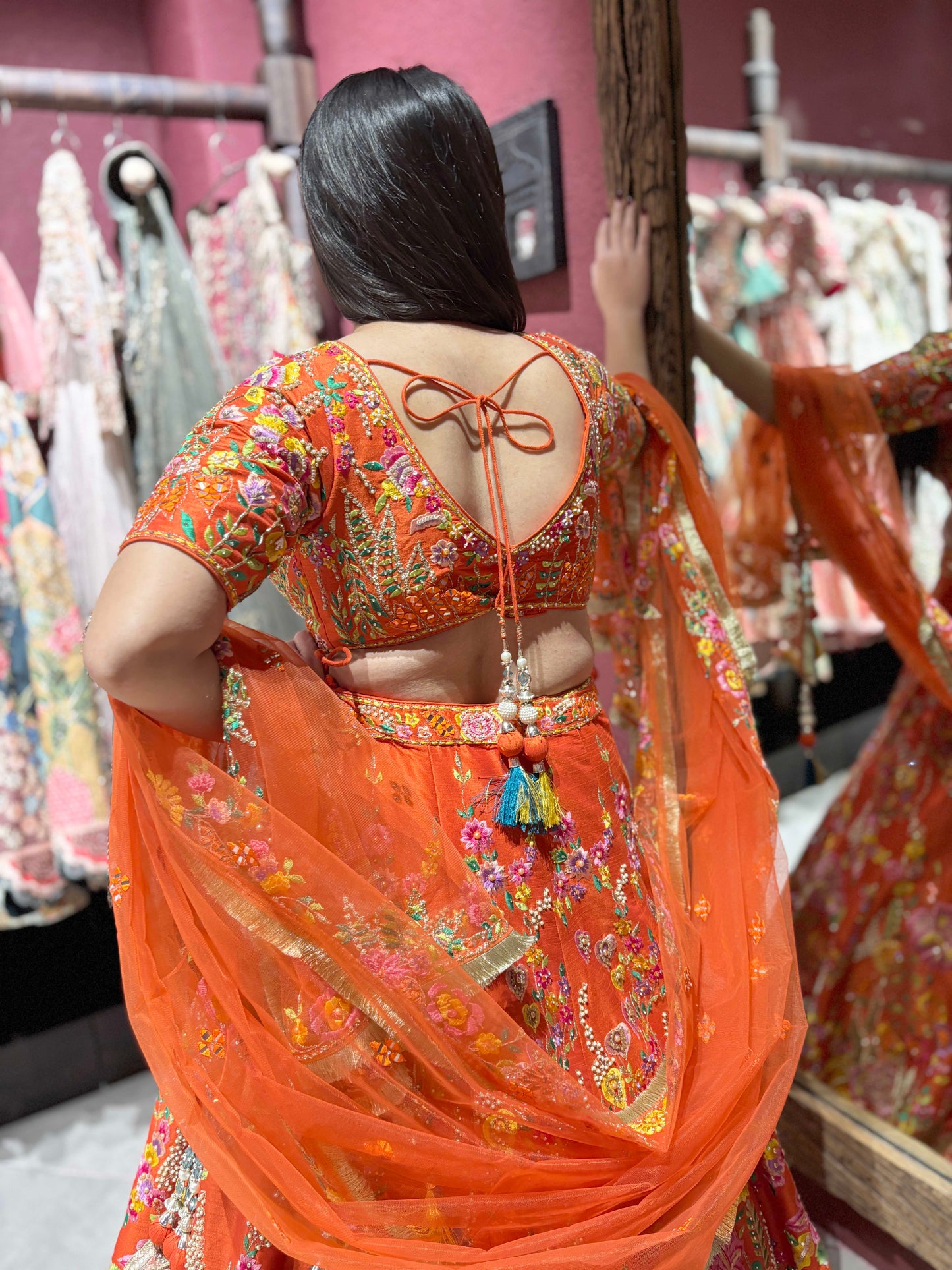 Orange Colour Designer Lehenga with Pearl & Multi Resham Work