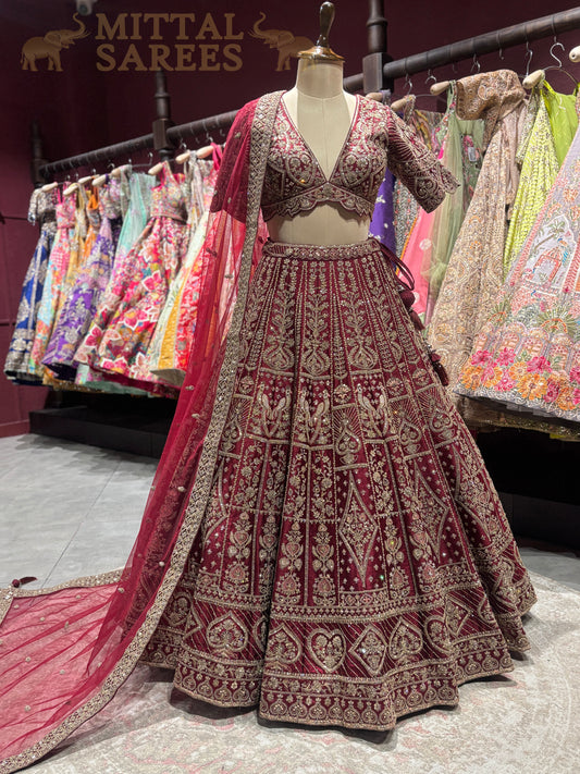Maroon Heavy Zari Embroidered Bridal Lehenga Set