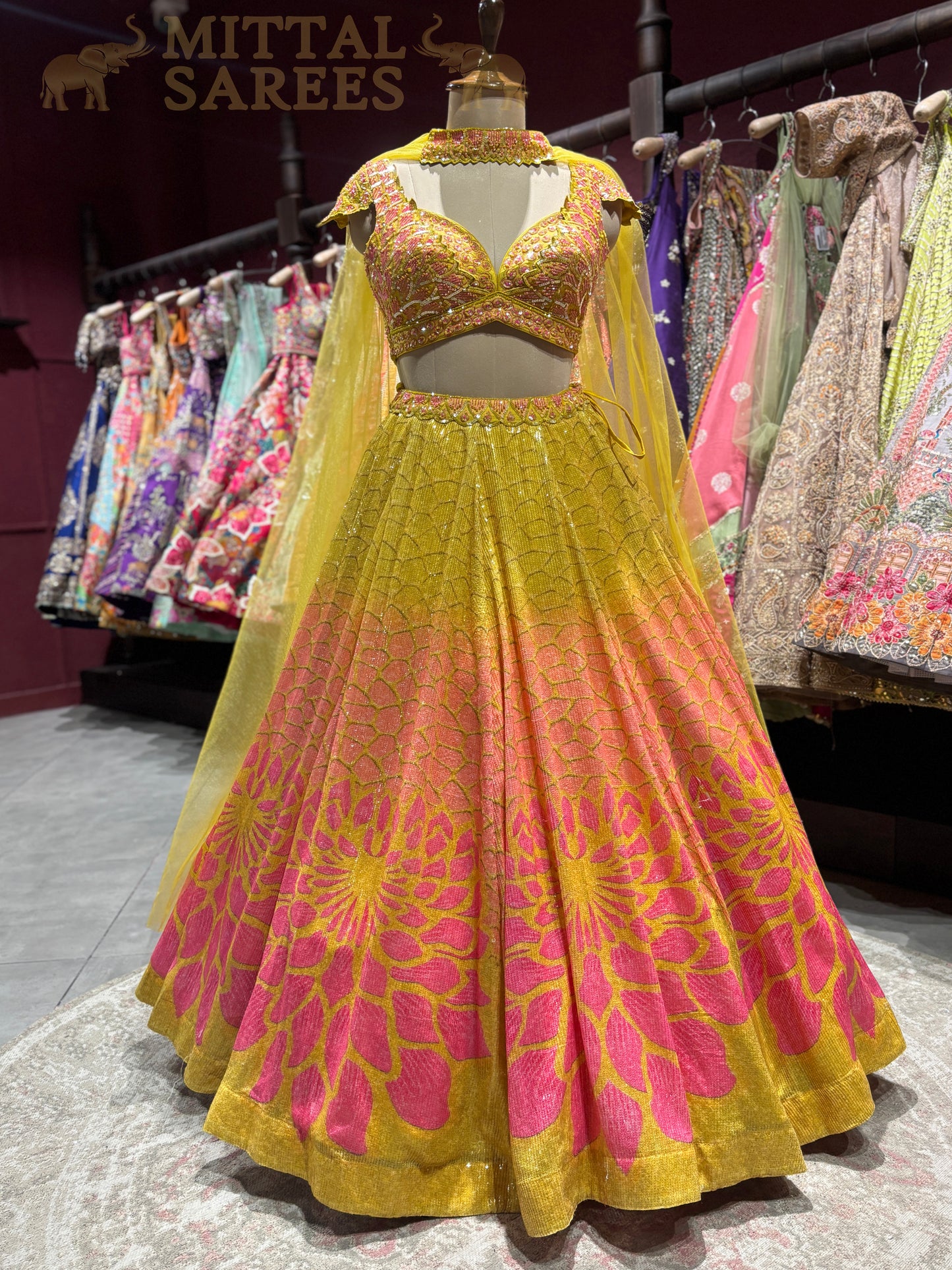 Yellow Pink Floral Designer Lehenga Set