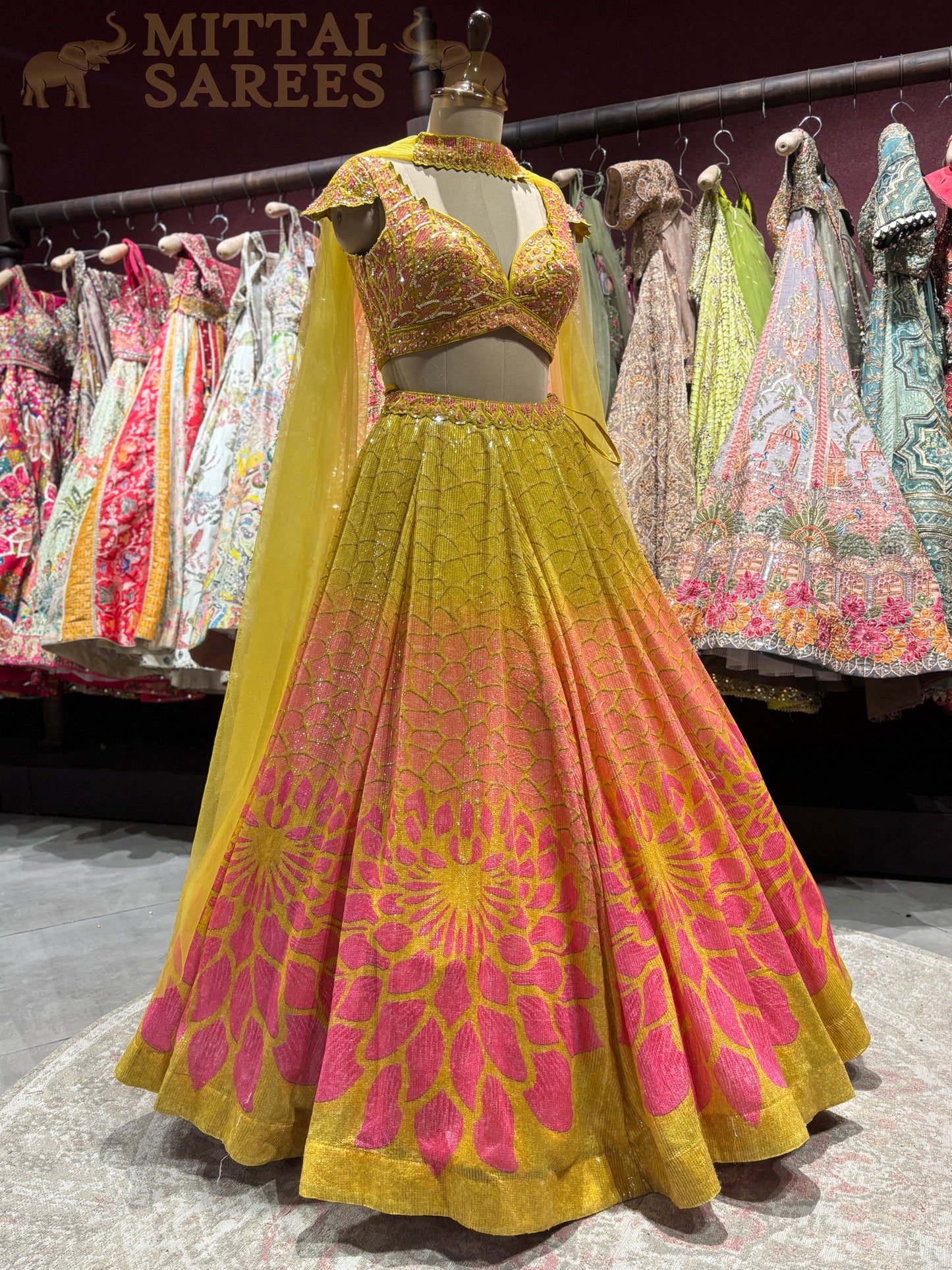 Yellow Pink Floral Designer Lehenga Set