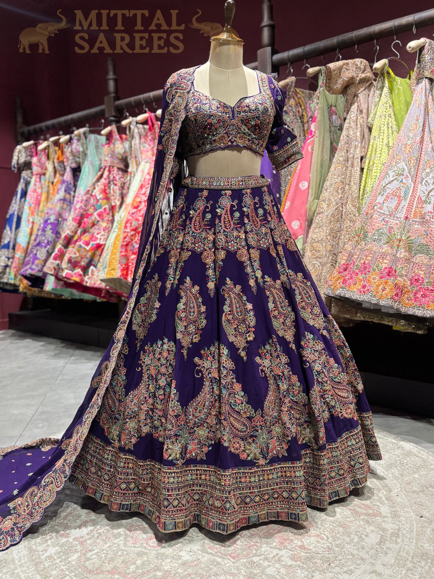 Deep Purple Heavy Embroidered Bridal Lehenga
