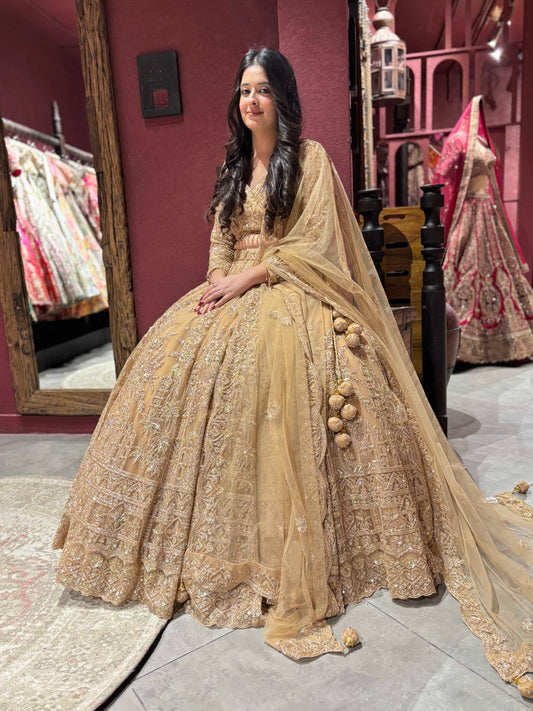 Champagne Gold Lehenga Set with Zari Beadwork & Floral Motifs