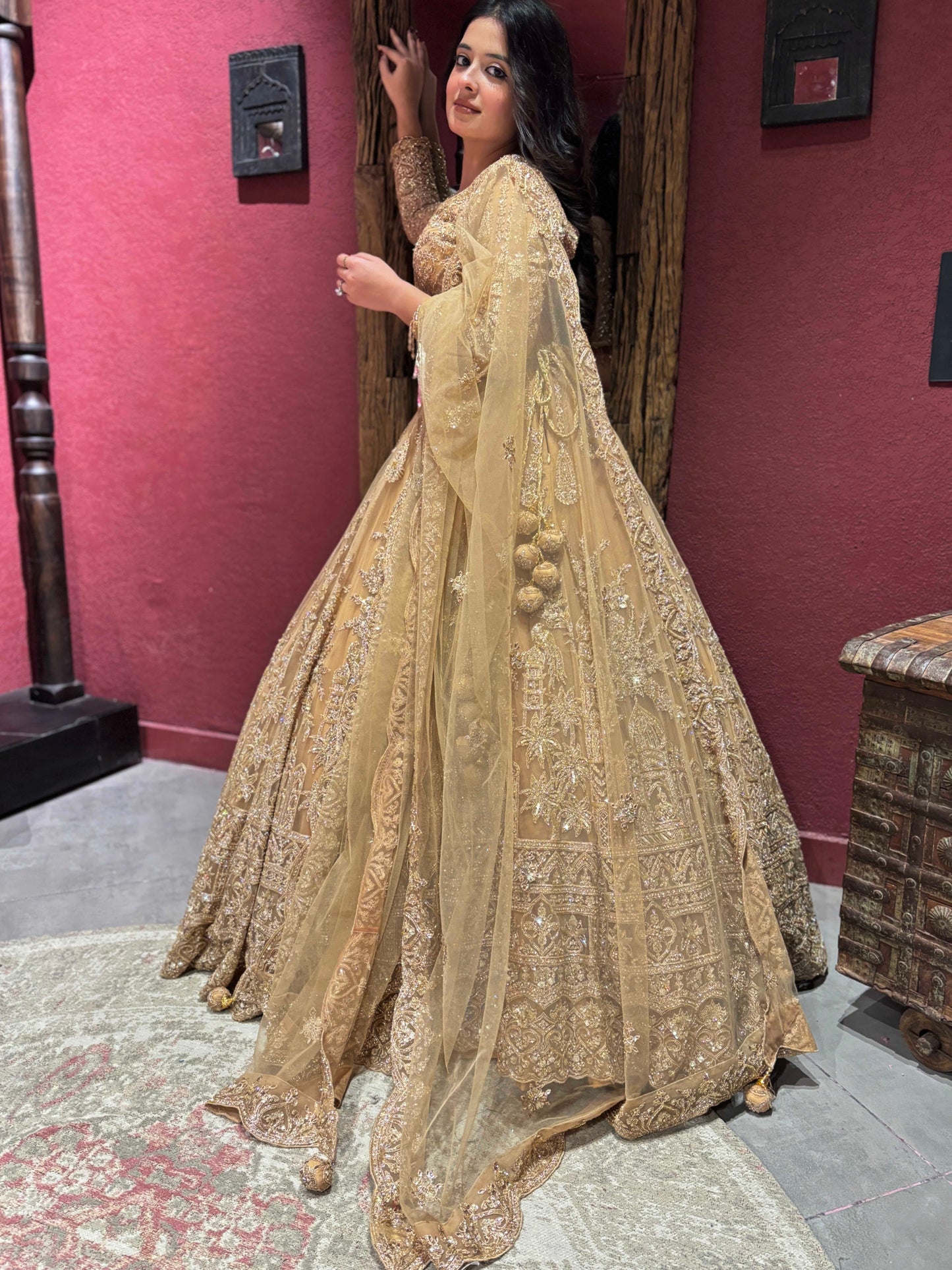 Champagne Gold Lehenga Set with Zari Beadwork & Floral Motifs