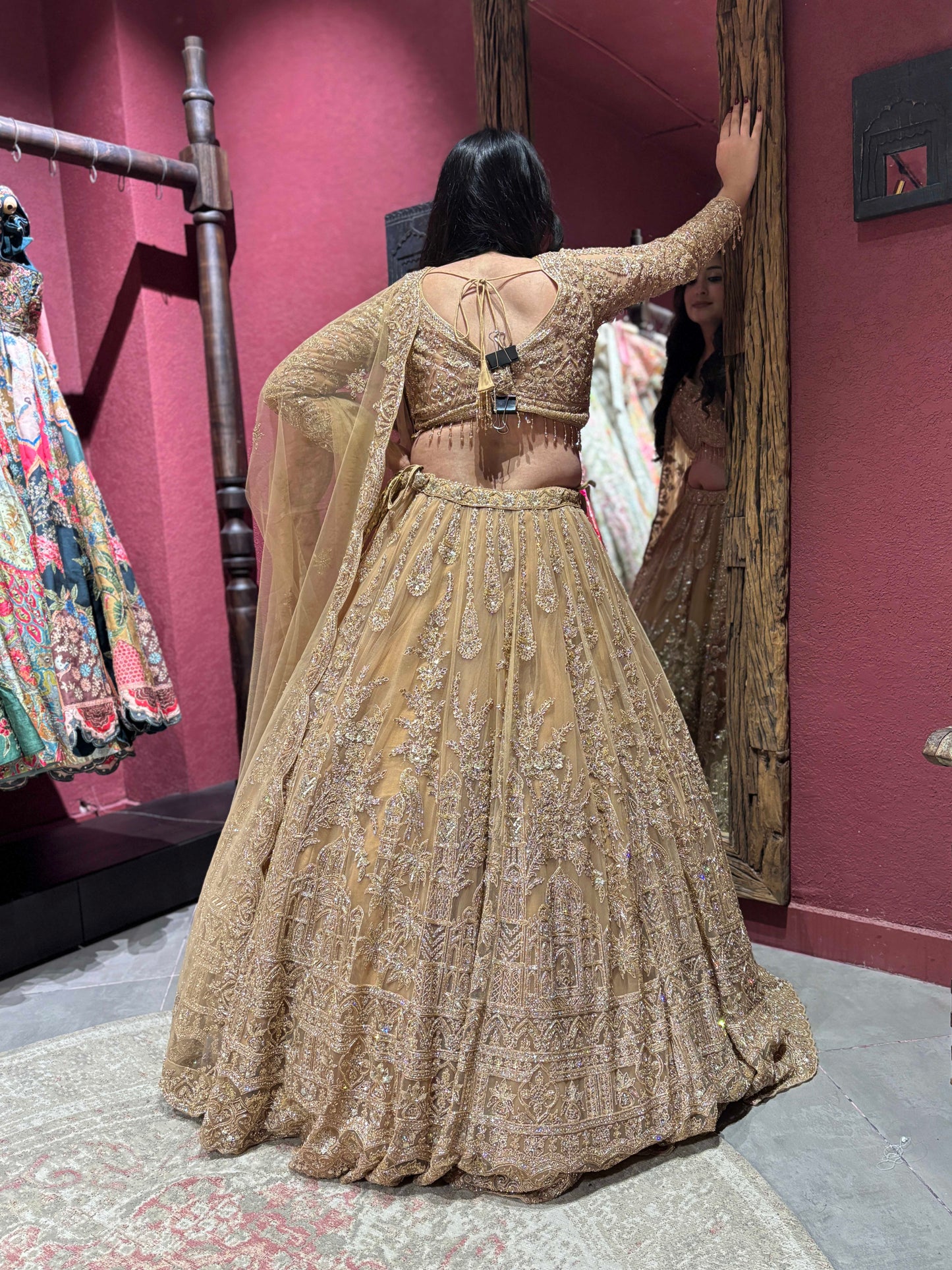 Champagne Gold Lehenga Set with Zari Beadwork & Floral Motifs
