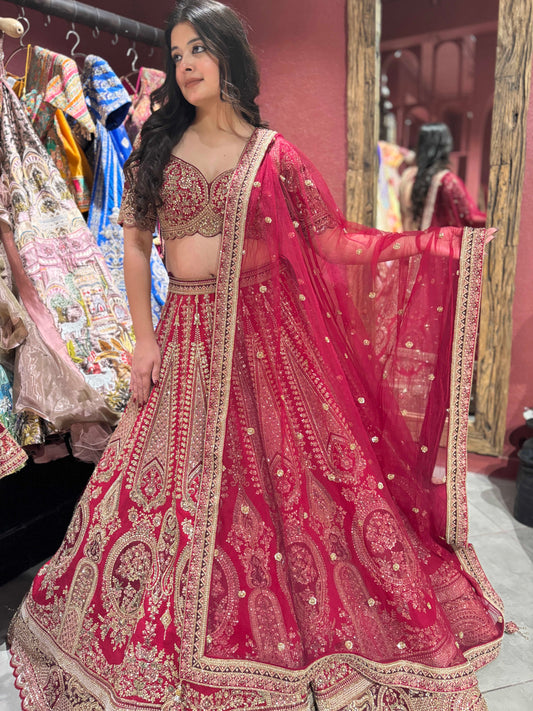 Bridal Lehenga with Hand-Embroidered Zari Sequins & Beadwork
