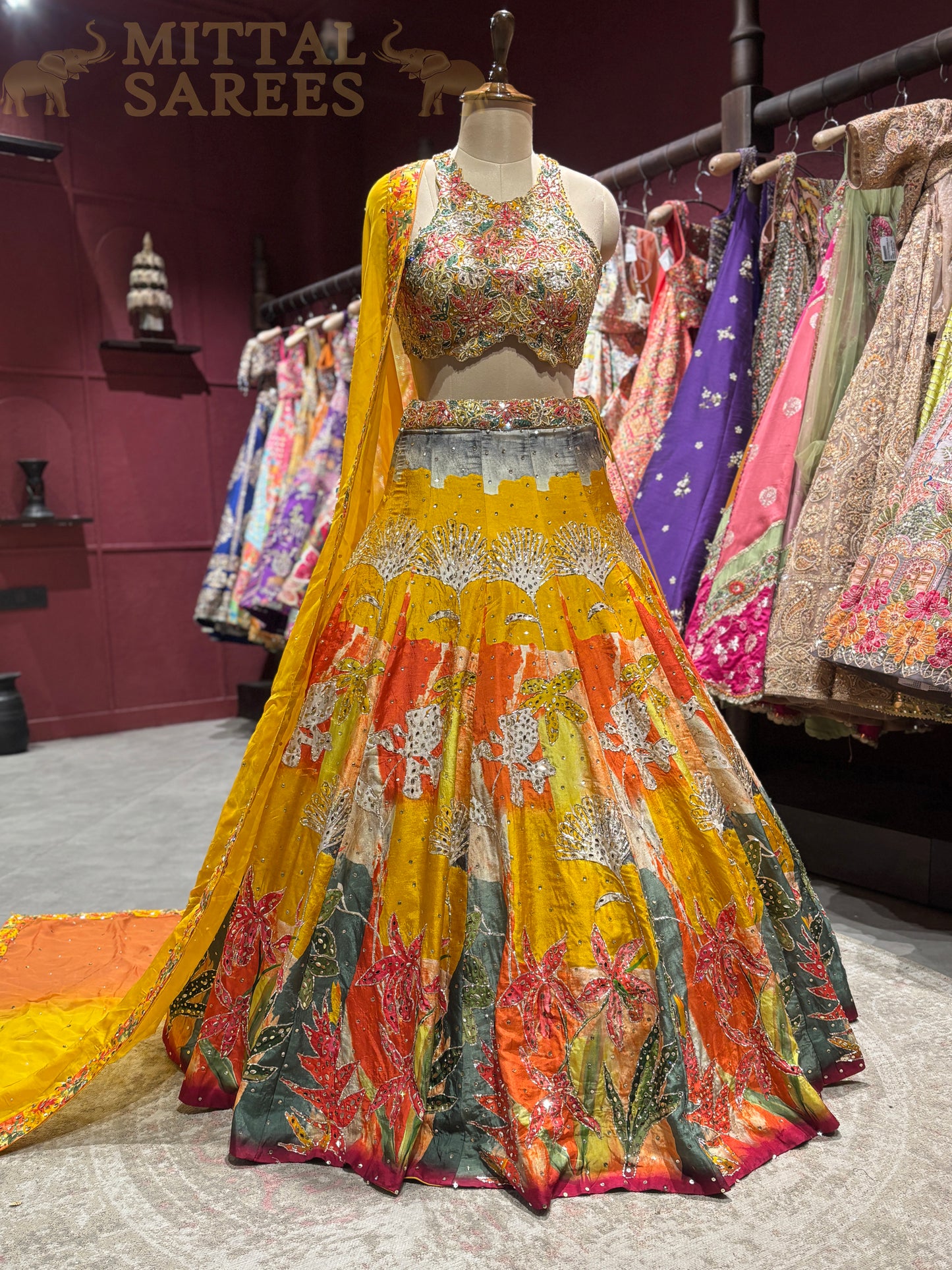 Multicolour Yellow Printed Designer Lehenga Set