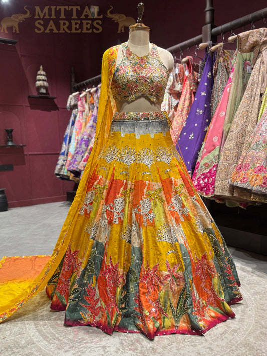 Multicolour Yellow Printed Designer Lehenga Set