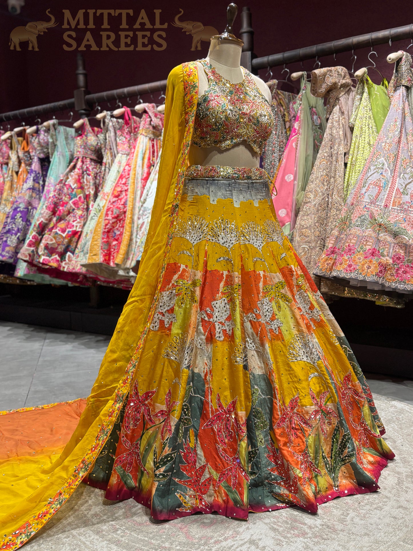 Multicolour Yellow Printed Designer Lehenga Set