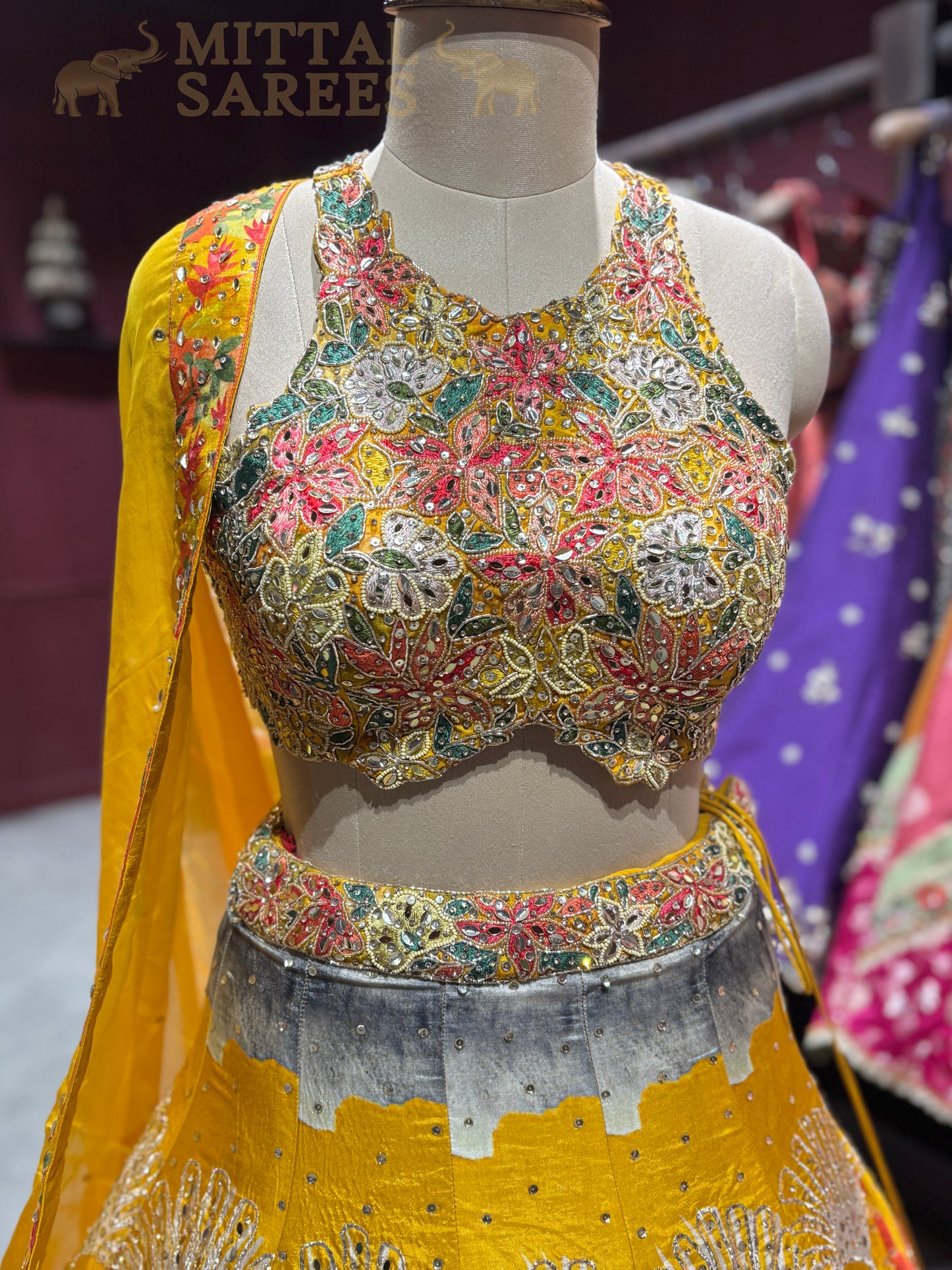 Multicolour Yellow Printed Designer Lehenga Set