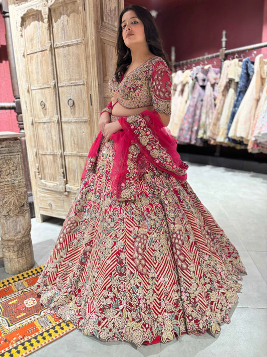 Perfect Red Rani Ombre Peacock Designer Lehanga