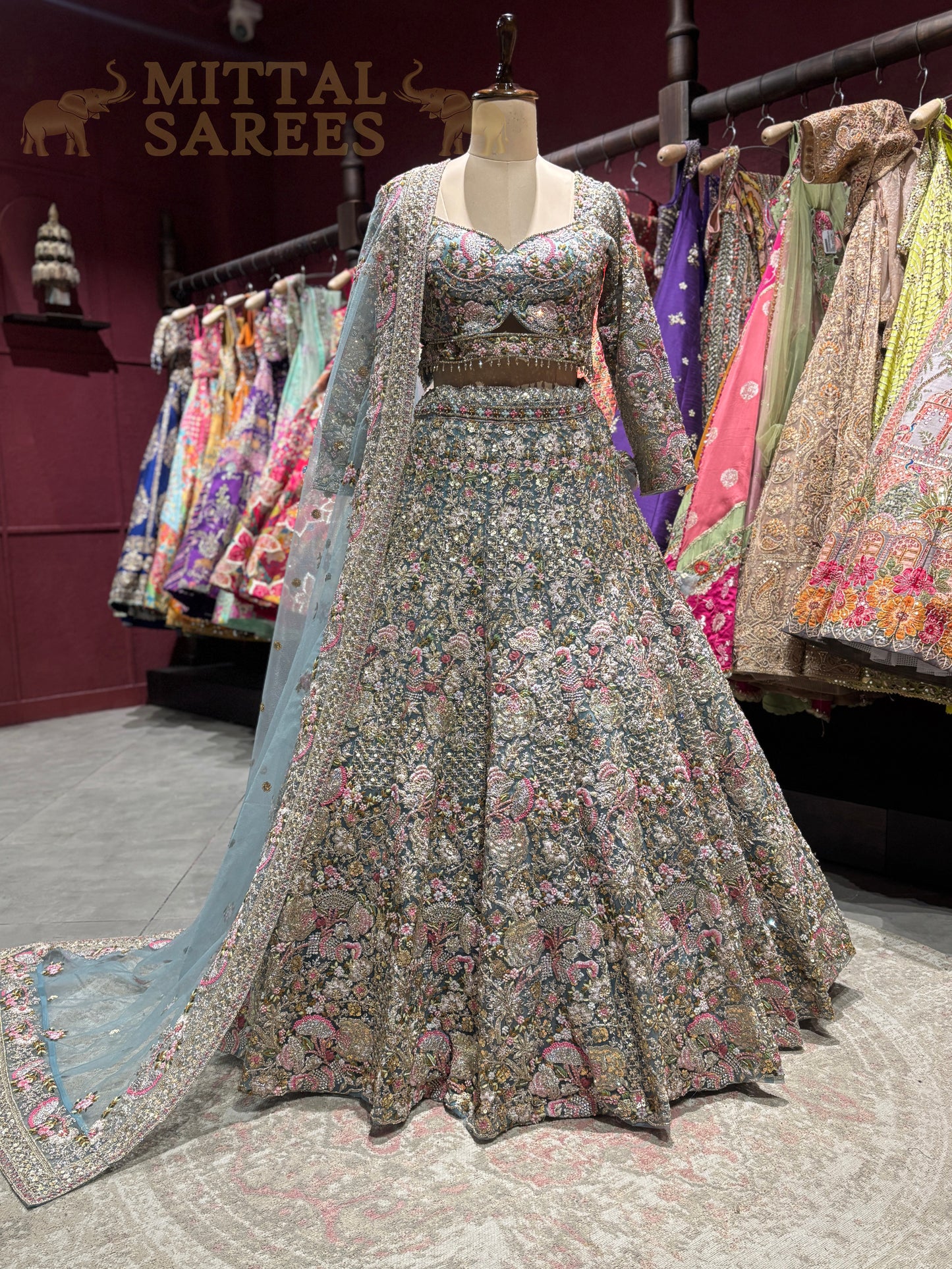 Pastel Blue Heavy Floral Embroidered Lehenga