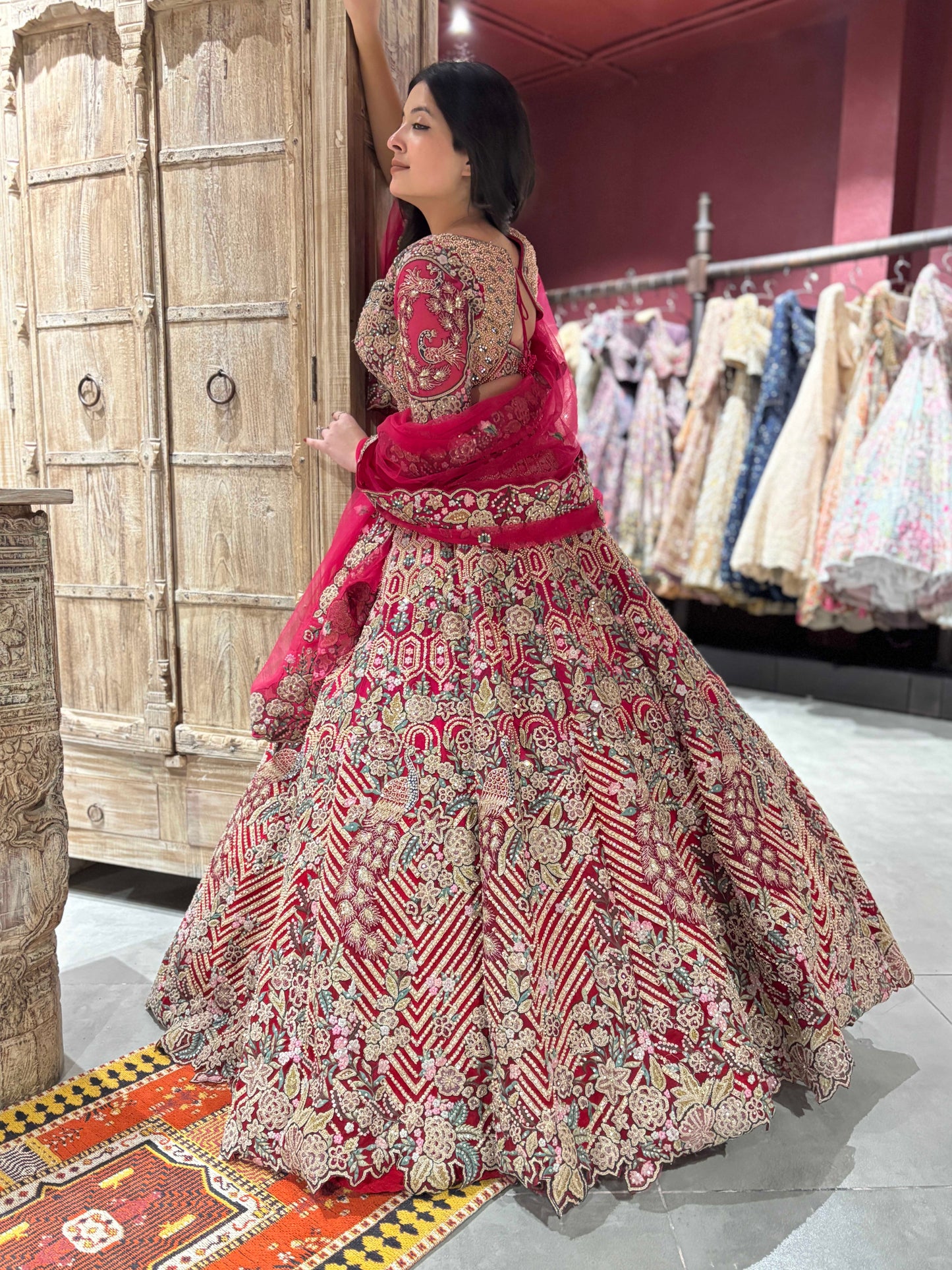 Perfect Red Rani Ombre Peacock Designer Lehanga