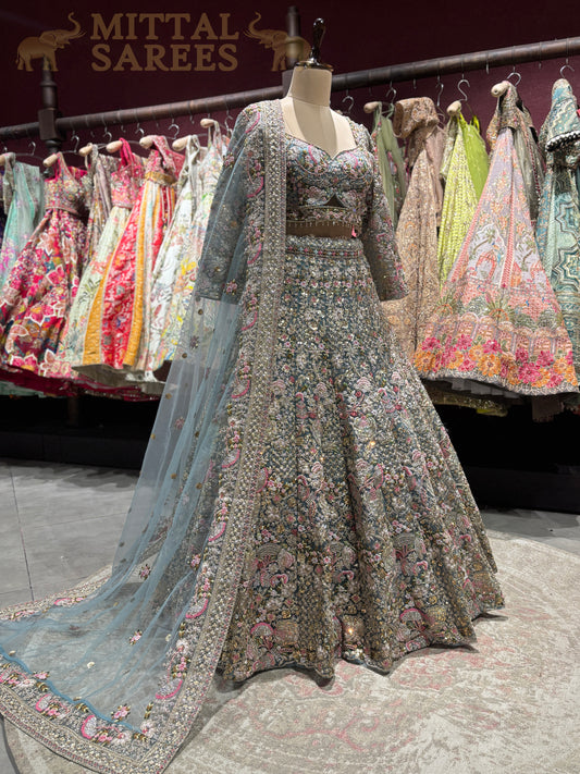 Pastel Blue Heavy Floral Embroidered Lehenga