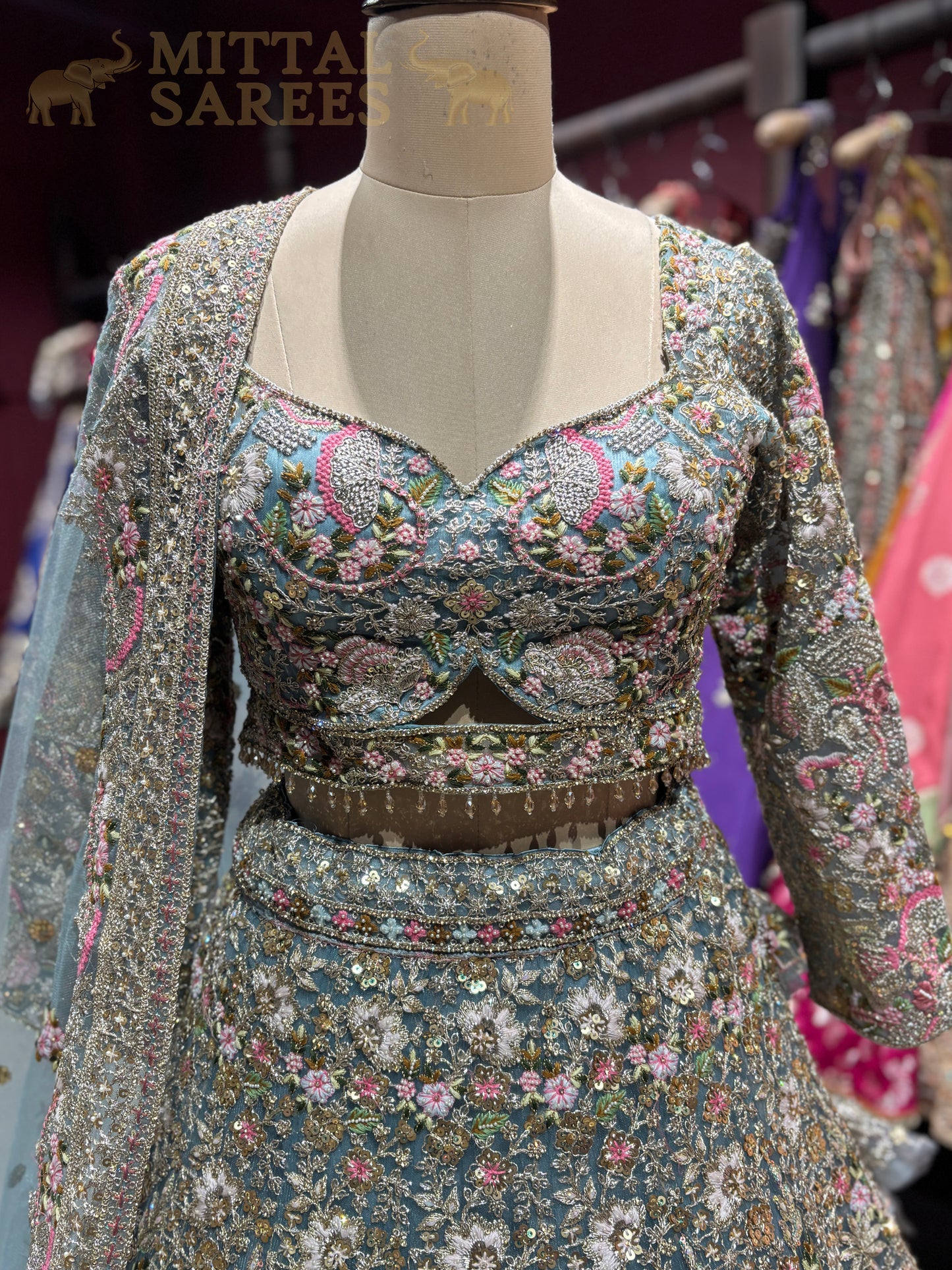 Pastel Blue Heavy Floral Embroidered Lehenga