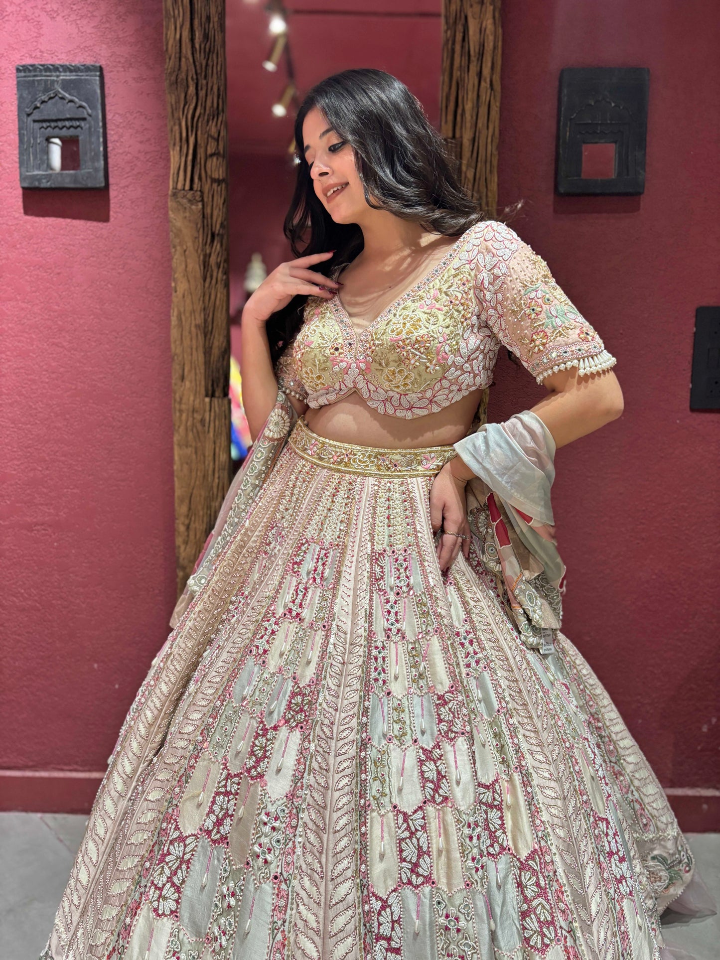 Designer Inspired Handwork Pearl Silk Lehenga