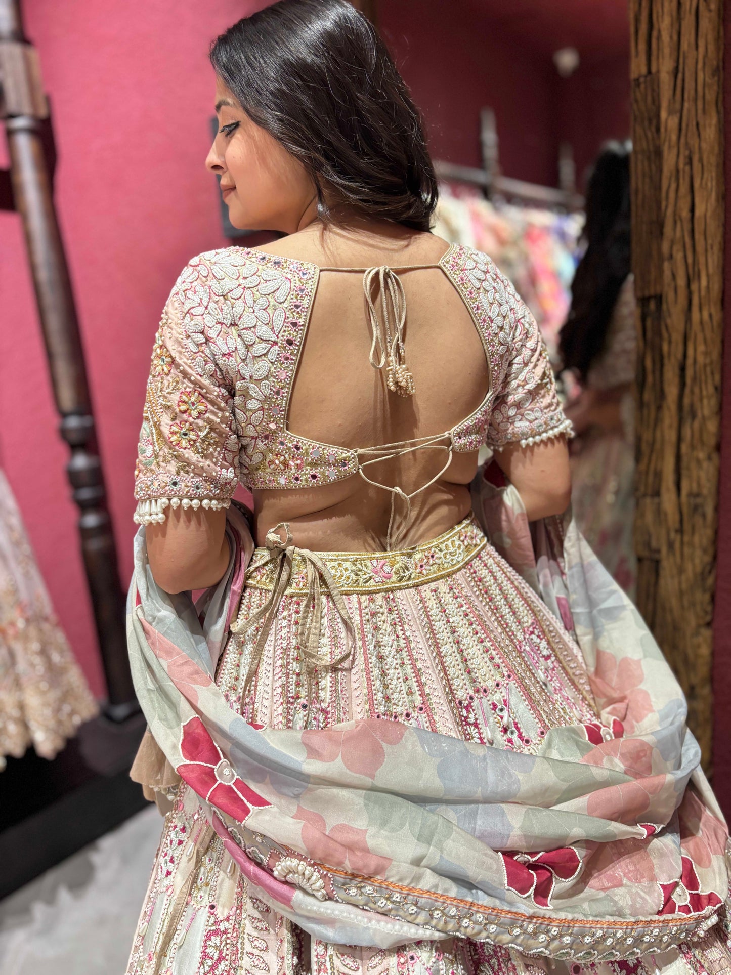 Designer Inspired Handwork Pearl Silk Lehenga