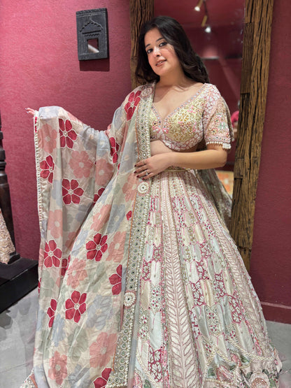 Designer Inspired Handwork Pearl Silk Lehenga