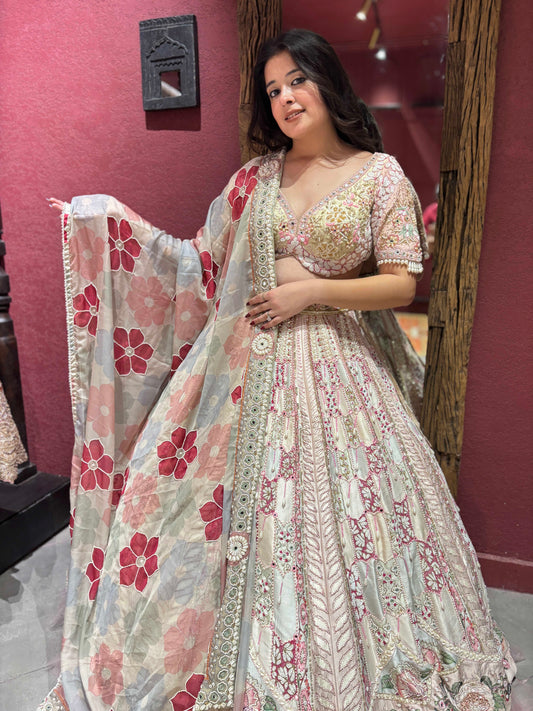 Designer Inspired Handwork Pearl Silk Lehenga