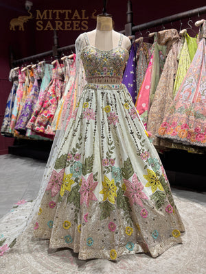 Pastel Ivory Floral Embroidered Lehenga Set