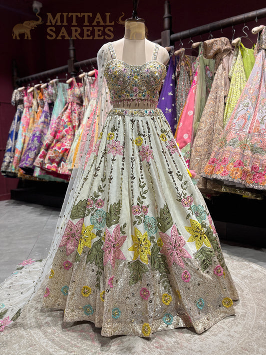 Pastel Ivory Floral Embroidered Lehenga Set